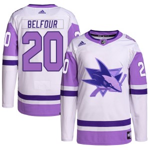 Ed Belfour Men's Adidas San Jose Sharks Authentic White/Purple Hockey Fights Cancer Primegreen Jersey