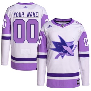 Custom Men's Adidas San Jose Sharks Authentic White/Purple Custom Hockey Fights Cancer Primegreen Jersey