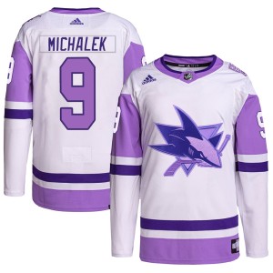 Milan Michalek Men's Adidas San Jose Sharks Authentic White/Purple Hockey Fights Cancer Primegreen Jersey