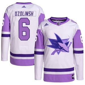 Sandis Ozolinsh Men's Adidas San Jose Sharks Authentic White/Purple Hockey Fights Cancer Primegreen Jersey