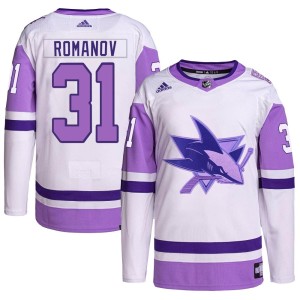 Georgi Romanov Men's Adidas San Jose Sharks Authentic White/Purple Hockey Fights Cancer Primegreen Jersey