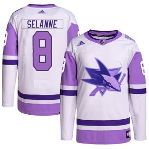 Teemu Selanne Men's Adidas San Jose Sharks Authentic White/Purple Hockey Fights Cancer Primegreen Jersey
