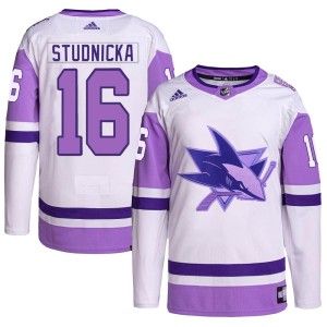 Jack Studnicka Men's Adidas San Jose Sharks Authentic White/Purple Hockey Fights Cancer Primegreen Jersey