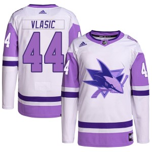 Marc-Edouard Vlasic Men's Adidas San Jose Sharks Authentic White/Purple Hockey Fights Cancer Primegreen Jersey