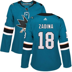 Filip Zadina Women's Adidas San Jose Sharks Authentic Teal Home Jersey