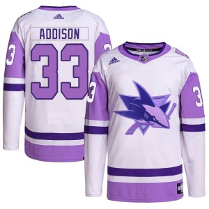 Calen Addison Youth Adidas San Jose Sharks Authentic White/Purple Hockey Fights Cancer Primegreen Jersey