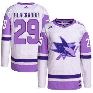 Mackenzie Blackwood Youth Adidas San Jose Sharks Authentic White/Purple Hockey Fights Cancer Primegreen Jersey
