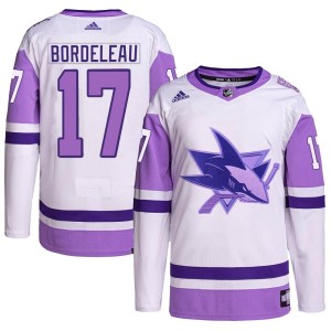 Thomas Bordeleau Youth Adidas San Jose Sharks Authentic White/Purple Hockey Fights Cancer Primegreen Jersey