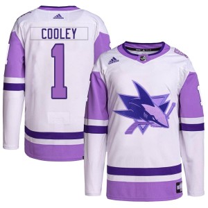 Devin Cooley Youth Adidas San Jose Sharks Authentic White/Purple Hockey Fights Cancer Primegreen Jersey