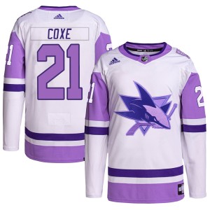 Craig Coxe Youth Adidas San Jose Sharks Authentic White/Purple Hockey Fights Cancer Primegreen Jersey