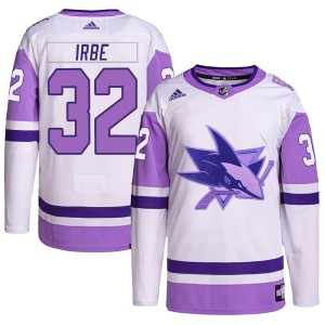Arturs Irbe Youth Adidas San Jose Sharks Authentic White/Purple Hockey Fights Cancer Primegreen Jersey