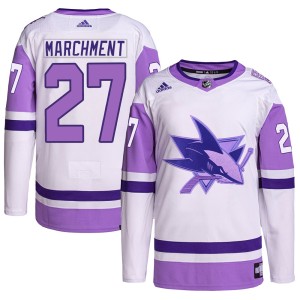 Bryan Marchment Youth Adidas San Jose Sharks Authentic White/Purple Hockey Fights Cancer Primegreen Jersey