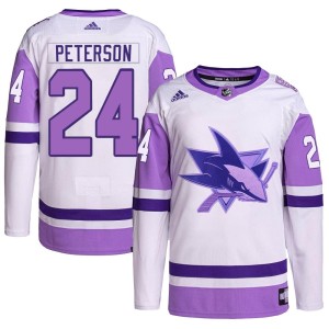 Jacob Peterson Youth Adidas San Jose Sharks Authentic White/Purple Hockey Fights Cancer Primegreen Jersey