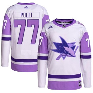 Valtteri Pulli Youth Adidas San Jose Sharks Authentic White/Purple Hockey Fights Cancer Primegreen Jersey