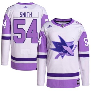 Givani Smith Youth Adidas San Jose Sharks Authentic White/Purple Hockey Fights Cancer Primegreen Jersey