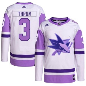 Henry Thrun Youth Adidas San Jose Sharks Authentic White/Purple Hockey Fights Cancer Primegreen Jersey