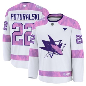 Andrew Poturalski Youth Fanatics San Jose Sharks Premium White 2024 Hockey Fights Cancer Practice Jersey