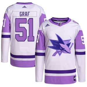 Collin Graf Men's Adidas San Jose Sharks Authentic White/Purple Hockey Fights Cancer Primegreen Jersey