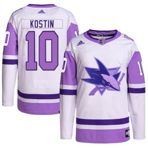 Klim Kostin Men's Adidas San Jose Sharks Authentic White/Purple Hockey Fights Cancer Primegreen Jersey