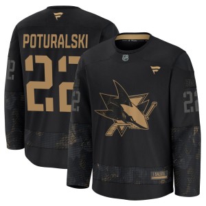 Andrew Poturalski Youth Fanatics San Jose Sharks Premium Black 2024 Military Appreciation Practice Jersey