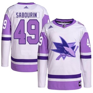 Scott Sabourin Youth Adidas San Jose Sharks Authentic White/Purple Hockey Fights Cancer Primegreen Jersey