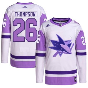 Jack Thompson Youth Adidas San Jose Sharks Authentic White/Purple Hockey Fights Cancer Primegreen Jersey