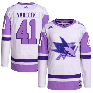 Vitek Vanecek Youth Adidas San Jose Sharks Authentic White/Purple Hockey Fights Cancer Primegreen Jersey